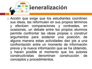 Generalización Acción que exige que los estudiantes coordinen sus ideas, las reformulen en sus propios términos y efectúen comparaciones y contrastes, en ocasiones, un debate entre los propios alumnos permite confrontar las ideas propias o construir argumentos para sostener una posición; de alguna manera estas actividades dan pie a una confrontación entre un momento de información previa y la nueva información que se ha obtenido, y hacen posible el momento que los autores constructivistas denominan construcción de conceptos y procedimientos.