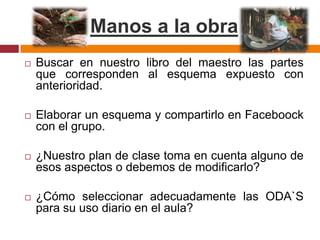 Manos a la obraBuscar en nuestro libro del maestro las partes que corresponden al esquema expuesto con anterioridad.Elaborar un esquema y compartirlo en Faceboock con el grupo. ¿Nuestro plan de clase toma en cuenta alguno de esos aspectos o debemos de modificarlo?¿Cómo seleccionar adecuadamente las ODA`S para su uso diario en el aula? 
