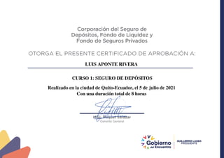 LUIS APONTE RIVERA
CURSO 1: SEGURO DE DEPÓSITOS
Realizado en la ciudad de Quito-Ecuador, el 5 de julio de 2021
Con una duración total de 8 horas
.
 