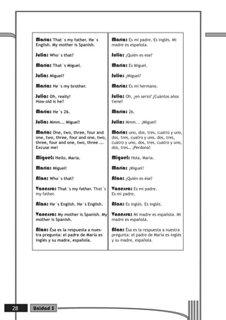 María: That´s my father. He´s
English. My mother is Spanish.
Julia: Who´s that?
María: That´s Miguel.
Julia: Miguel?
María: He´s my brother.
Julia: Oh, really!
How old is he?
María: He´s 26.
Julia: Mmm... Miguel!
María: One, two, three, four and
one, two, three, four and one, two,
three, four and one, two, three ...
Excuse me!
Miguel: Hello, María.
María: Miguel!
Alan: Who´s that?
Vanessa: That´s my father. That´s
my father.
Alan: He´s English. He´s English.
Vanessa: My mother is Spanish. My
mother is Spanish.
Alan: Ésa es la respuesta a nues-
tra pregunta: el padre de María es
inglés y su madre, española.
María: Es mi padre. Es inglés. Mi
madre es española.
Julia: ¿Quién es ese?
María: Es Miguel.
Julia: ¿Miguel?
María: Es mi hermano.
Julia: Oh, ¿en serio? ¿Cuántos años
tiene?
María: 26.
Julia: Mmm... ¡Miguel!
María: uno, dos, tres, cuatro y uno,
dos, tres, cuatro y uno, dos, tres,
cuatro y uno, dos, tres, cuatro y uno,
dos, tres… ¡Perdona!
Miguel: Hola, María.
María: ¡Miguel!
Alan: ¿Quién es ése?
Vanessa: Es mi padre.
Es mi padre.
Alan: Es inglés. Es inglés.
Vanessa: Mi madre es española. Mi
madre es española.
Alan: Ésa es la respuesta a nuestra
pregunta: el padre de María es inglés
y su madre, española.
28 Unidad 3
 