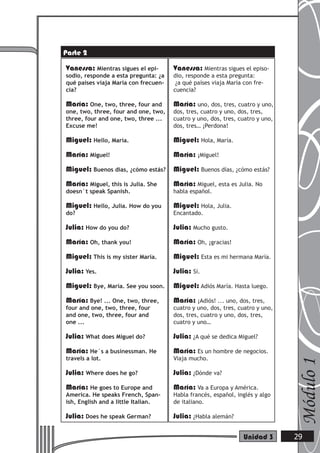 Parte 2
Vanessa: Mientras sigues el epi-
sodio, responde a esta pregunta: ¿a
qué países viaja María con frecuen-
cia?
María: One, two, three, four and
one, two, three, four and one, two,
three, four and one, two, three ...
Excuse me!
Miguel: Hello, María.
María: Miguel!
Miguel: Buenos días, ¿cómo estás?
María: Miguel, this is Julia. She
doesn´t speak Spanish.
Miguel: Hello, Julia. How do you
do?
Julia: How do you do?
María: Oh, thank you!
Miguel: This is my sister María.
Julia: Yes.
Miguel: Bye, María. See you soon.
María: Bye! ... One, two, three,
four and one, two, three, four
and one, two, three, four and
one ...
Julia: What does Miguel do?
María: He´s a businessman. He
travels a lot.
Julia: Where does he go?
María: He goes to Europe and
America. He speaks French, Span-
ish, English and a little Italian.
Julia: Does he speak German?
Vanessa: Mientras sigues el episo-
dio, responde a esta pregunta:
¿a qué países viaja María con fre-
cuencia?
María: uno, dos, tres, cuatro y uno,
dos, tres, cuatro y uno, dos, tres,
cuatro y uno, dos, tres, cuatro y uno,
dos, tres… ¡Perdona!
Miguel: Hola, María.
María: ¡Miguel!
Miguel: Buenos días, ¿cómo estás?
María: Miguel, esta es Julia. No
habla español.
Miguel: Hola, Julia.
Encantado.
Julia: Mucho gusto.
María: Oh, ¡gracias!
Miguel: Esta es mi hermana María.
Julia: Sí.
Miguel: Adiós María. Hasta luego.
María: ¡Adiós! ... uno, dos, tres,
cuatro y uno, dos, tres, cuatro y uno,
dos, tres, cuatro y uno, dos, tres,
cuatro y uno…
Julia: ¿A qué se dedica Miguel?
María: Es un hombre de negocios.
Viaja mucho.
Julia: ¿Dónde va?
María: Va a Europa y América.
Habla francés, español, inglés y algo
de italiano.
Julia: ¿Habla alemán?
Módulo1
29Unidad 3
 