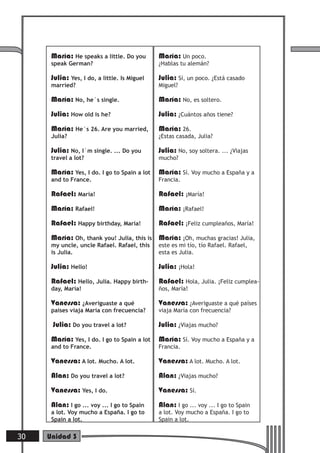 María: He speaks a little. Do you
speak German?
Julia: Yes, I do, a little. Is Miguel
married?
María: No, he´s single.
Julia: How old is he?
María: He´s 26. Are you married,
Julia?
Julia: No, I´m single. ... Do you
travel a lot?
María: Yes, I do. I go to Spain a lot
and to France.
Rafael: María!
María: Rafael!
Rafael: Happy birthday, María!
María: Oh, thank you! Julia, this is
my uncle, uncle Rafael. Rafael, this
is Julia.
Julia: Hello!
Rafael: Hello, Julia. Happy birth-
day, María!
Vanessa: ¿Averiguaste a qué
países viaja María con frecuencia?
Julia: Do you travel a lot?
María: Yes, I do. I go to Spain a lot
and to France.
Vanessa: A lot. Mucho. A lot.
Alan: Do you travel a lot?
Vanessa: Yes, I do.
Alan: I go ... voy ... I go to Spain
a lot. Voy mucho a España. I go to
Spain a lot.
María: Un poco.
¿Hablas tu alemán?
Julia: Sí, un poco. ¿Está casado
Miguel?
María: No, es soltero.
Julia: ¿Cuántos años tiene?
María: 26.
¿Estas casada, Julia?
Julia: No, soy soltera. ... ¿Viajas
mucho?
María: Sí. Voy mucho a España y a
Francia.
Rafael: ¡María!
María: ¡Rafael!
Rafael: ¡Feliz cumpleaños, María!
María: ¡Oh, muchas gracias! Julia,
este es mi tío, tío Rafael. Rafael,
esta es Julia.
Julia: ¡Hola!
Rafael: Hola, Julia. ¡Feliz cumplea-
ños, María!
Vanessa: ¿Averiguaste a qué países
viaja María con frecuencia?
Julia: ¿Viajas mucho?
María: Sí. Voy mucho a España y a
Francia.
Vanessa: A lot. Mucho. A lot.
Alan: ¿Viajas mucho?
Vanessa: Sí.
Alan: I go ... voy ... I go to Spain
a lot. Voy mucho a España. I go to
Spain a lot.
30 Unidad 3
 