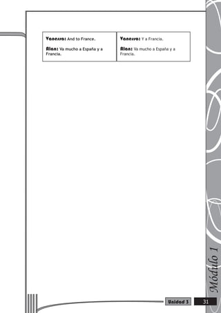Vanessa: And to France.
Alan: Va mucho a España y a
Francia.
Vanessa: Y a Francia.
Alan: Va mucho a España y a
Francia.
Módulo1
31Unidad 3
 