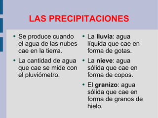 LAS PRECIPITACIONES Se produce cuando el agua de las nubes cae en la tierra. La cantidad de agua que cae se mide con el pluviómetro. La  lluvia : agua líquida que cae en forma de gotas. La  nieve : agua sólida que cae en forma de copos. El  granizo : agua sólida que cae en forma de granos de hielo. 