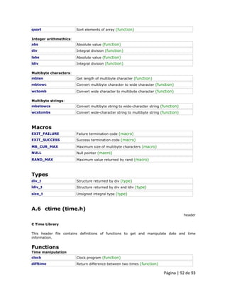 Página | 92 de 93 
qsort 
Sort elements of array (function) Integer arithmethics: 
abs 
Absolute value (function) 
div 
Integral division (function) 
labs 
Absolute value (function) 
ldiv 
Integral division (function) Multibyte characters: 
mblen 
Get length of multibyte character (function) 
mbtowc 
Convert multibyte character to wide character (function) 
wctomb 
Convert wide character to multibyte character (function) Multibyte strings: 
mbstowcs 
Convert multibyte string to wide-character string (function) 
wcstombs 
Convert wide-character string to multibyte string (function) 
Macros 
EXIT_FAILURE 
Failure termination code (macro) 
EXIT_SUCCESS 
Success termination code (macro) 
MB_CUR_MAX 
Maximum size of multibyte characters (macro) 
NULL 
Null pointer (macro) 
RAND_MAX 
Maximum value returned by rand (macro) 
Types 
div_t 
Structure returned by div (type) 
ldiv_t 
Structure returned by div and ldiv (type) 
size_t 
Unsigned integral type (type) 
A.6 ctime (time.h) header C Time Library This header file contains definitions of functions to get and manipulate date and time information. 
Functions Time manipulation 
clock 
Clock program (function) 
difftime 
Return difference between two times (function)  