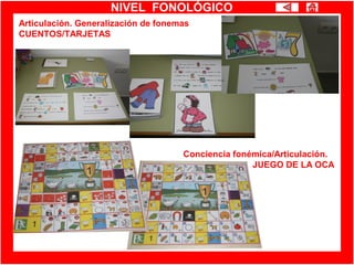 NIVEL FONOLÓGICO
Articulación. Generalización de fonemas
CUENTOS/TARJETAS
Conciencia fonémica/Articulación.
JUEGO DE LA OCA