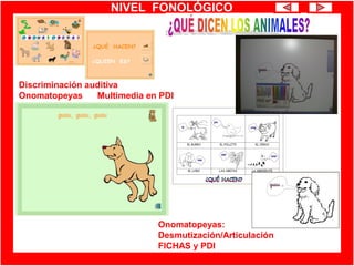 NIVEL FONOLÓGICO
Onomatopeyas:
Desmutización/Articulación
FICHAS y PDI
Discriminación auditiva
Onomatopeyas Multimedia en PDI