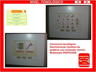 NIVEL FONOLÓGICO
Conciencia fonológica/
discriminación fonética de
palabras con contraste mínimo
Multimedia PDI/FICHAS