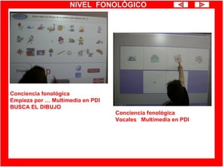 NIVEL FONOLÓGICO
Conciencia fonológica
Empieza por … Multimedia en PDI
BUSCA EL DIBUJO
Conciencia fonológica
Vocales Multimedia en PDI