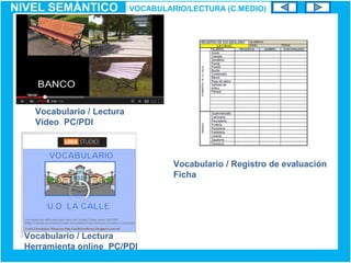 Vocabulario / Lectura
Vídeo PC/PDI
NIVEL SEMÁNTICO VOCABULARIO/LECTURA (C.MEDIO)
Vocabulario / Registro de evaluación
Ficha
Vocabulario / Lectura
Herramienta online PC/PDI
 