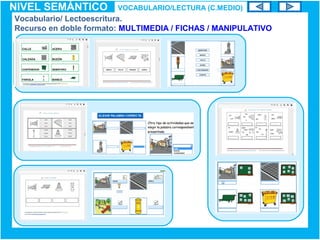 NIVEL SEMÁNTICO VOCABULARIO/LECTURA (C.MEDIO)
Vocabulario/ Lectoescritura.
Recurso en doble formato: MULTIMEDIA / FICHAS / MANIPULATIVO
 