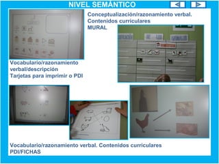 NIVEL SEMÁNTICO
Vocabulario/razonamiento
verbal/descripción
Tarjetas para imprimir o PDI
Conceptualización/razonamiento verbal.
Contenidos curriculares
MURAL
Vocabulario/razonamiento verbal. Contenidos curriculares
PDI/FICHAS
 