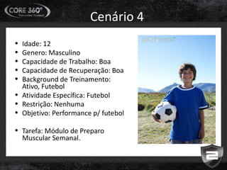 Cenário 4
• Idade: 12
• Genero: Masculino
• Capacidade de Trabalho: Boa
• Capacidade de Recuperação: Boa
• Background de Treinamento:
Ativo, Futebol
• Atividade Específica: Futebol
• Restrição: Nenhuma
• Objetivo: Performance p/ futebol
• Tarefa: Módulo de Preparo
Muscular Semanal.
 