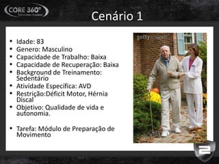 Cenário 1
• Idade: 83
• Genero: Masculino
• Capacidade de Trabalho: Baixa
• Capacidade de Recuperação: Baixa
• Background de Treinamento:
Sedentário
• Atividade Específica: AVD
• Restrição:Déficit Motor, Hérnia
Discal
• Objetivo: Qualidade de vida e
autonomia.
• Tarefa: Módulo de Preparação de
Movimento
 