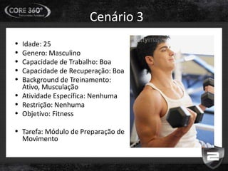 Cenário 3
• Idade: 25
• Genero: Masculino
• Capacidade de Trabalho: Boa
• Capacidade de Recuperação: Boa
• Background de Treinamento:
Ativo, Musculação
• Atividade Específica: Nenhuma
• Restrição: Nenhuma
• Objetivo: Fitness
• Tarefa: Módulo de Preparação de
Movimento
 