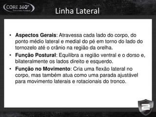Linha Lateral
• Aspectos Gerais: Atravessa cada lado do corpo, do
ponto médio lateral e medial do pé em torno do lado do
tornozelo até o crânio na região da orelha.
• Função Postural: Equilibra a região ventral e o dorso e,
bilateralmente os lados direito e esquerdo.
• Função no Movimento: Cria uma flexão lateral no
corpo, mas também atua como uma parada ajustável
para movimento laterais e rotacionais do tronco.
 