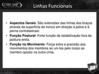 Linhas Funcionais
• Aspectos Gerais: São extensões das linhas dos braços
através da superfície do tronco em direção à pelve e à
perna contralaterais.
• Função Postural: Forte função de estabilização fora da
postura ereta.
• Função no Movimento: Força extra e precisão aos
movimentos dos membros ao uni-los pelo corpo ao
membro oposto na outra cinta.
 
