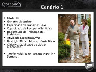 Cenário 1
• Idade: 83
• Genero: Masculino
• Capacidade de Trabalho: Baixa
• Capacidade de Recuperação: Baixa
• Background de Treinamento:
Sedentário
• Atividade Específica: AVD
• Restrição:Déficit Motor, Hérnia Discal
• Objetivo: Qualidade de vida e
autonomia.
• Tarefa: Módulo de Preparo Muscular
Semanal.
 