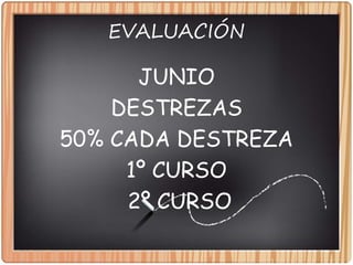 EVALUACIÓN
JUNIO
DESTREZAS
50% CADA DESTREZA
1º CURSO
2º CURSO
 