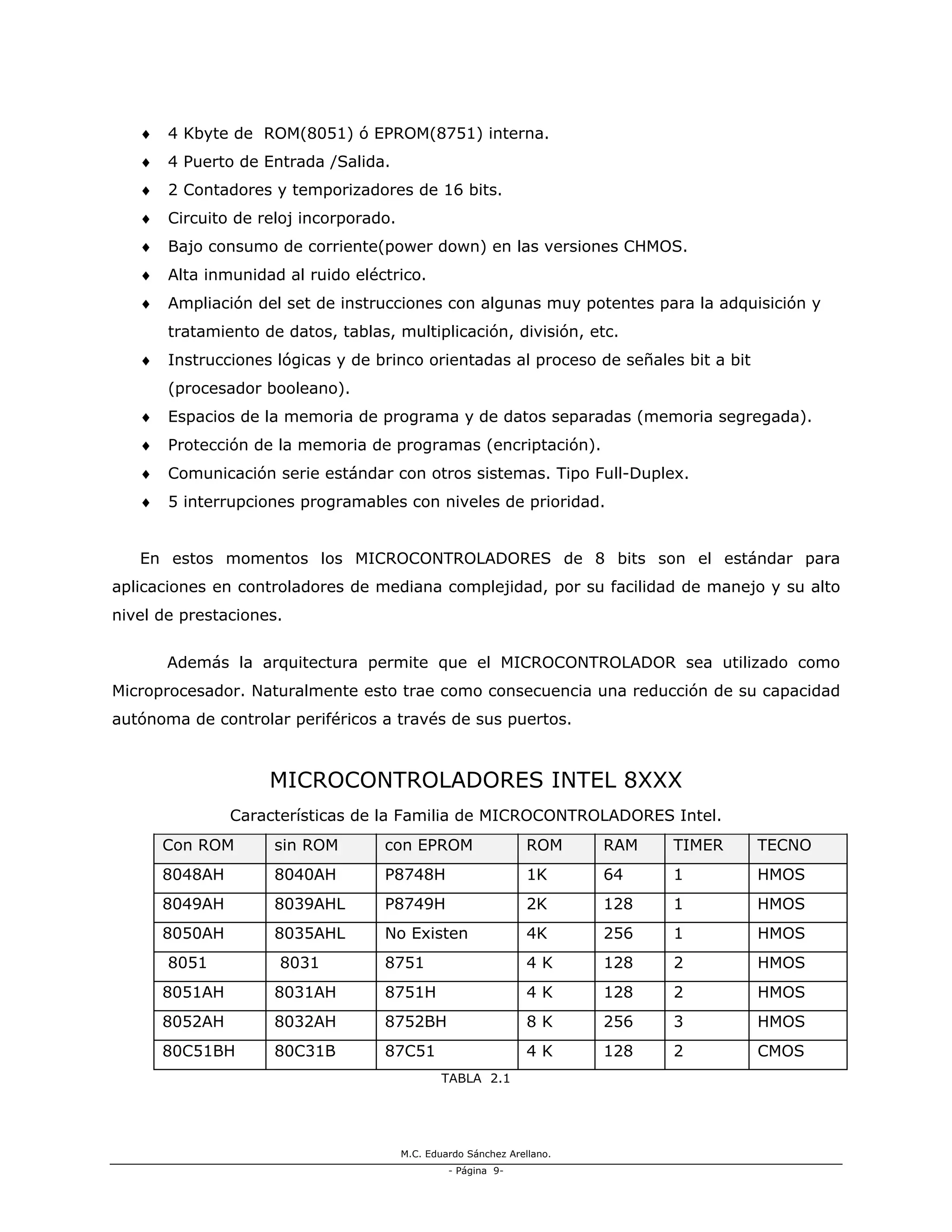 M.C. Eduardo Sánchez Arellano.
- Página 9-
♦ 4 Kbyte de ROM(8051) ó EPROM(8751) interna.
♦ 4 Puerto de Entrada /Salida.
♦ 2 Contadores y temporizadores de 16 bits.
♦ Circuito de reloj incorporado.
♦ Bajo consumo de corriente(power down) en las versiones CHMOS.
♦ Alta inmunidad al ruido eléctrico.
♦ Ampliación del set de instrucciones con algunas muy potentes para la adquisición y
tratamiento de datos, tablas, multiplicación, división, etc.
♦ Instrucciones lógicas y de brinco orientadas al proceso de señales bit a bit
(procesador booleano).
♦ Espacios de la memoria de programa y de datos separadas (memoria segregada).
♦ Protección de la memoria de programas (encriptación).
♦ Comunicación serie estándar con otros sistemas. Tipo Full-Duplex.
♦ 5 interrupciones programables con niveles de prioridad.
En estos momentos los MICROCONTROLADORES de 8 bits son el estándar para
aplicaciones en controladores de mediana complejidad, por su facilidad de manejo y su alto
nivel de prestaciones.
Además la arquitectura permite que el MICROCONTROLADOR sea utilizado como
Microprocesador. Naturalmente esto trae como consecuencia una reducción de su capacidad
autónoma de controlar periféricos a través de sus puertos.
MICROCONTROLADORES INTEL 8XXX
Características de la Familia de MICROCONTROLADORES Intel.
Con ROM sin ROM con EPROM ROM RAM TIMER TECNO
8048AH 8040AH P8748H 1K 64 1 HMOS
8049AH 8039AHL P8749H 2K 128 1 HMOS
8050AH 8035AHL No Existen 4K 256 1 HMOS
8051 8031 8751 4 K 128 2 HMOS
8051AH 8031AH 8751H 4 K 128 2 HMOS
8052AH 8032AH 8752BH 8 K 256 3 HMOS
80C51BH 80C31B 87C51 4 K 128 2 CMOS
TABLA 2.1
 