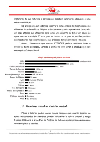 18
Este material deve ser utilizado apenas como parâmetro de estudo deste Programa. Os créditos deste conteúdo são dados aos seus respectivos autores.
indiferente de sua natureza e composição, recebam tratamento adequado e uma
correta destinação.
No gráfico a seguir podemos observar o tempo médio de decomposição de
diferentes tipos de resíduos. Só para entendermos o quanto o processo é demorado,
um copo plástico que utilizamos para tomar um cafezinho ou beber um pouco de
água, demora em média 50 anos para se decompor. Já para as sacolas plásticas
que recebemos nos supermercados, este processo demora em média 100 anos.
Assim, observamos que nossas ATITUDES podem realmente fazer a
diferença, basta dedicação, vontade e acima de tudo, amor e preocupação pelo
nosso patrimônio ambiental.
12. O que fazer com pilhas e baterias usadas?
Pilhas e baterias podem conter metais pesados que, quando jogados de
forma descontrolada no ambiente, podem contaminar o solo e também o lençol
freático. O Brasil é o único País da América do Sul que regulamentou a produção e
venda de pilhas e baterias.
 
