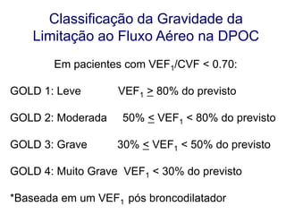 Classificação da Gravidade da
Limitação ao Fluxo Aéreo na DPOC
Em pacientes com VEF1/CVF < 0.70:
GOLD 1: Leve

VEF1 > 80% do previsto

GOLD 2: Moderada

GOLD 3: Grave

50% < VEF1 < 80% do previsto

30% < VEF1 < 50% do previsto

GOLD 4: Muito Grave VEF1 < 30% do previsto
*Baseada em um VEF1 pós broncodilatador
© 2013 Global Initiative for Chronic Obstructive Lung Disease

 