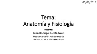 Tema:
Anatomía y Fisiología
Docente:
Juan Rodrigo Tuesta Nole
Medico Geriatra – Auditor Medico
CMP N°56120 – RNE N°30248 – RNA N°A06409
05/06/2018
 