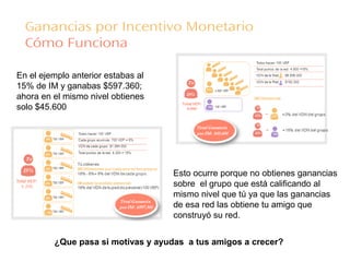 En el ejemplo anterior estabas al
15% de IM y ganabas $597.360;
ahora en el mismo nivel obtienes
solo $45.600
Ganancias por Incentivo Monetario
Cómo Funciona
Esto ocurre porque no obtienes ganancias
sobre el grupo que está calificando al
mismo nivel que tú ya que las ganancias
de esa red las obtiene tu amigo que
construyó su red.
¿Que pasa si motivas y ayudas a tus amigos a crecer?
 
