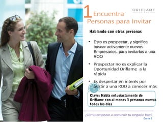 ¿Cómo empezar a construir tu negocio hoy?
Curso 2
Hablando con otras personas
1Encuentra
Clave: Habla entusiastamente de
Oriflame con al menos 3 personas nuevas
todos los días
Tips!
• Esto es prospectar, y significa
buscar activamente nuevos
Empresarios, para invitarlos a una
ROO
• Prospectar no es explicar la
Oportunidad Oriflame a la
rápida
• Es despertar en interés por
asistir a una ROO a conocer más
Personas para Invitar
 