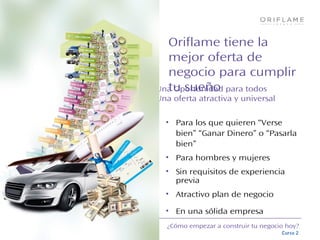 ¿Cómo empezar a construir tu negocio hoy?
Curso 2
Oriflame tiene la
mejor oferta de
negocio para cumplir
tu sueño
• Para los que quieren “Verse
bien” “Ganar Dinero” o “Pasarla
bien”
• Para hombres y mujeres
• Sin requisitos de experiencia
previa
• Atractivo plan de negocio
• En una sólida empresa
Una Oportunidad para todos
Una oferta atractiva y universal
 