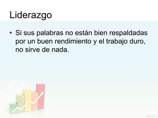 Liderazgo
• Si sus palabras no están bien respaldadas
  por un buen rendimiento y el trabajo duro,
  no sirve de nada.
 