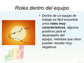 Roles dentro del equipo
          • Dentro de un equipo de
            trabajo es fácil encontrar
            unos roles muy
            característicos, algunos
            positivos para el
            desempeño del
            equipo, mientras que otros
            pueden resultar muy
            negativos.
 