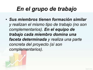 En el grupo de trabajo
• Sus miembros tienen formación similar
  y realizan el mismo tipo de trabajo (no son
  complementarios). En el equipo de
  trabajo cada miembro domina una
  faceta determinada y realiza una parte
  concreta del proyecto (sí son
  complementarios).
 