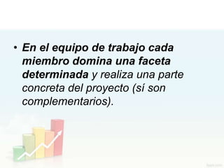 • En el equipo de trabajo cada
  miembro domina una faceta
  determinada y realiza una parte
  concreta del proyecto (sí son
  complementarios).
 