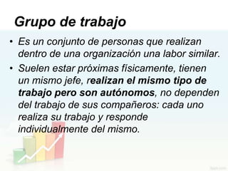 Grupo de trabajo
• Es un conjunto de personas que realizan
  dentro de una organización una labor similar.
• Suelen estar próximas físicamente, tienen
  un mismo jefe, realizan el mismo tipo de
  trabajo pero son autónomos, no dependen
  del trabajo de sus compañeros: cada uno
  realiza su trabajo y responde
  individualmente del mismo.
 