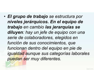 • El grupo de trabajo se estructura por
  niveles jerárquicos. En el equipo de
  trabajo en cambio las jerarquías se
  diluyen: hay un jefe de equipo con una
  serie de colaboradores, elegidos en
  función de sus conocimientos, que
  funcionan dentro del equipo en pie de
  igualdad aunque sus categorías laborales
  puedan ser muy diferentes.
 