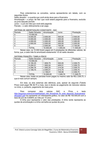 Prof. Otávio Luciano Camargo Sales de Magalhães | Curso de Matemática Financeira
Fevereiro / 2014 – Banca CESGRANRIO
33
Para entendermos os conceitos, vamos apresentá-los em tabela, com os
seguintes títulos.
Saldo devedor – a quantia que você ainda deve para a financeira
Amortização – o preço ‘de fato’ que você estará pagando para a financeira, excluído
os juros daquele período
Juros – o juro do mês que você está pagando
Parcela – o valor efetivamente a ser pago.
SISTEMA DE AMORTIZAÇÃO CONSTANTE - SAC
Período Saldo Devedor Amortização Juros Prestação
0 10.000,00 - - -
1 8.000,00 2.000,00 500,00 2.500,00
2 6.000,00 2.000,00 400,00 2.400,00
3 4.000,00 2.000,00 300,00 2.300,00
4 2.000,00 2.000,00 200,00 2.200,00
5 0 2.000,00 100,00 2.100,00
TOTAL 10.000,00 1.500,00 11.500,00
Nesse caso, os 10.000 foram pagos em 5 prestações de diferentes valores, de
forma, que, a cada mês foi amortizado exatamente 1/5 do saldo devedor.
SISTEMA FRANCÊS / TABELA PRICE
Período Saldo Devedor Amortização Juros Prestação
0 10.000,00 - - -
1 8.190,25 1.809,75 500,00 2.309,75
2 6.290,01 1.900,24 409,51 2.309,75
3 4.294,76 1.995,25 314,50 2.309,75
4 2.199,75 2.095,01 214,74 2.309,75
5 - 2.199,01 109,99 2.309,75
TOTAL 10.000,00 1.548,74 11.548,75
Nesse caso, todas as parcelas foram pagas no mesmo valor de R$ 2.309,75, o
que é mais comum sempre.
Em tese, os dois sistemas são idênticos, pois, apesar do segundo (Tabela
Price) você pagar R$ 48,75 a mais, isso é devido ao pagamento de menores valores
no início, e, portanto, pagamento de mais juros.
Para comparar dois valores SAC e Price, o texto
http://arquivos.unama.br/nead/gol/gol_mkt_6mod/mat_fin_anal_demonst_financeiras/p
df/aula07.pdf nos apresenta um interessante gráfico, no valor de R$ 150.000,00 com a
taxa de juro de 0,9489% ao mês por 15 anos.
A linha azul representa o valor das prestações. A linha verde representa as
quotas de amortização e a linha vermelha as quotas de juros.
 
