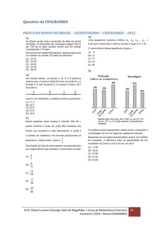 Prof. Otávio Luciano Camargo Sales de Magalhães | Curso de Matemática Financeira
Fevereiro / 2014 – Banca CESGRANRIO
40
Questões da CESGRANRIO
PROVA DO BANCO DO BRASIL – ESCRITURÁRIO – CESGRANRIO – 2012
 
