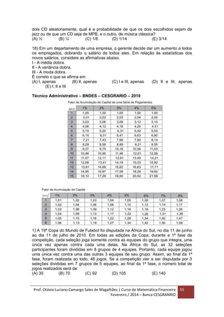 Prof. Otávio Luciano Camargo Sales de Magalhães | Curso de Matemática Financeira
Fevereiro / 2014 – Banca CESGRANRIO
55
dois CD aleatoriamente, qual é a probabilidade de que os dois escolhidos sejam de
jazz ou de que um CD seja de MPB, e o outro, de música clássica?
(A) ½ (B) ¼ (C) 1/6 (D) 1/14 (E) 3/14
18) Em um departamento de uma empresa, o gerente decide dar um aumento a todos
os empregados, dobrando o salário de todos eles. Em relação às estatísticas dos
novos salários, considere as afirmativas abaixo.
I - A média dobra.
II - A variância dobra.
III - A moda dobra.
É correto o que se afirma em
(A) I, apenas (B) II, apenas (C) I e III, apenas (D) II e III, apenas
(E) I, II e III
Técnico Administrativo – BNDES – CESGRARIO – 2010
1) A 19ª Copa do Mundo de Futebol foi disputada na África do Sul, no dia 11 de junho
ao dia 11 de julho de 2010. Em todas as edições da Copa, durante a 1ª fase da
competição, cada seleção joga somente contra as equipes do grupo que integra, uma
única vez apenas contra cada uma delas. Na África do Sul, as 32 seleções
participantes foram divididas em 8 grupos de 4 equipes. Portanto, cada equipe jogou
uma única vez contra uma das outras 3 equipes de seu grupo. Assim, ao final da 1ª
fase, foram realizada ao todo, 48 jogos. Se a competição vier a ser disputada por 3
seleções divididas em 7 grupos de 5 equipes, ao final da 1ª fase, o número total de
jogos realizados será de:
(A) 35 (B) 70 (C) 92 (D) 105 (E) 140
 