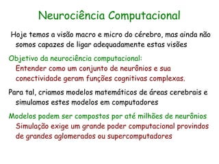Neurociência Computacional
Hoje temos a visão macro e micro do cérebro, mas ainda não
 somos capazes de ligar adequadamente estas visões
Objetivo da neurociência computacional:
 Entender como um conjunto de neurônios e sua
 conectividade geram funções cognitivas complexas.
Para tal, criamos modelos matemáticos de áreas cerebrais e
  simulamos estes modelos em computadores
Modelos podem ser compostos por até milhões de neurônios
 Simulação exige um grande poder computacional provindos
 de grandes aglomerados ou supercomputadores
 