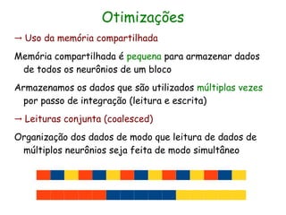 Otimizações
→ Uso da memória compartilhada
Memória compartilhada é pequena para armazenar dados
 de todos os neurônios de um bloco
Armazenamos os dados que são utilizados múltiplas vezes
  por passo de integração (leitura e escrita)
→ Leituras conjunta (coalesced)
Organização dos dados de modo que leitura de dados de
 múltiplos neurônios seja feita de modo simultâneo
 