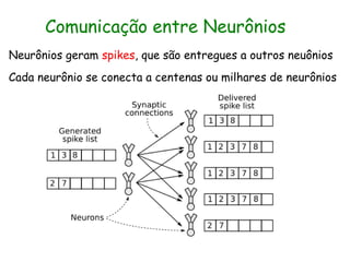 Comunicação entre Neurônios
Neurônios geram spikes, que são entregues a outros neuônios
Cada neurônio se conecta a centenas ou milhares de neurônios
 