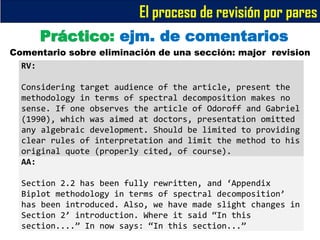 RV:
Considering target audience of the article, present the
methodology in terms of spectral decomposition makes no
sense. If one observes the article of Odoroff and Gabriel
(1990), which was aimed at doctors, presentation omitted
any algebraic development. Should be limited to providing
clear rules of interpretation and limit the method to his
original quote (properly cited, of course).
AA:
Section 2.2 has been fully rewritten, and ‘Appendix
Biplot methodology in terms of spectral decomposition’
has been introduced. Also, we have made slight changes in
Section 2’ introduction. Where it said “In this
section....” In now says: “In this section...”
Comentario sobre eliminación de una sección: major revision
Práctico: ejm. de comentarios
El proceso de revisión por pares
 