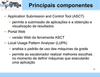 Principais componentes
   Application Submission and Control Tool (ASCT)
       permite a submissão de aplicações e a obtenção e
        visualização de resultados
   Portal Web
       versão Web da ferramenta ASCT
   Local Usage Pattern Analyser (LUPA)
       analisa o padrão de uso das máquinas da grade
       permite ao escalonador realizar melhores escolhas
        no momento de definir máquinas que executarão
        uma aplicação
                                                            82
 