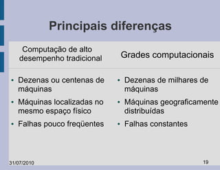 Principais diferenças
     Computação de alto
    desempenho tradicional        Grades computacionais

●   Dezenas ou centenas de    ●   Dezenas de milhares de
    máquinas                      máquinas
●   Máquinas localizadas no   ●   Máquinas geograficamente
    mesmo espaço físico           distribuídas
●   Falhas pouco freqüentes   ●   Falhas constantes



31/07/2010                                            19
 