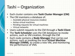 Tashi – Organization
• Each cluster contains one Tashi Cluster Manager (CM)
• The CM maintains a database of:
      –      Available physical resources (nodes)
      –      Active virtual machines
      –      Pending requests for virtual machines
      –      Virtual networks
• Users submit requests to the CM through a Tashi Client
• The Tashi Scheduler uses the CM databases to invoke
  actions, such as VM creation, through the CM
• Each node contains a Node Manager that carries out
  actions, such as invoking the local Virtual Machine
  Manager (VMM), to create a new VM, and monitoring
  the performance of VMs


05/07/2010                        Gustavo Ansaldi Oliva    49
 