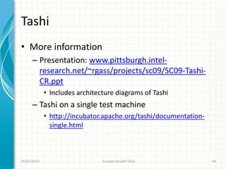 Tashi
• More information
      – Presentation: www.pittsburgh.intel-
        research.net/~rgass/projects/sc09/SC09-Tashi-
        CR.ppt
             • Includes architecture diagrams of Tashi
      – Tashi on a single test machine
             • http://incubator.apache.org/tashi/documentation-
               single.html



05/07/2010                      Gustavo Ansaldi Oliva             54
 