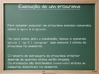 Execução de um programa


     Para compilar executar um programa existem comandos
     como o mpicc e o mpiexec.


     No caso acima, após a compilação, temos o comando
     mpirun [ -np X ] <program> que executa X cópias do
     programa no ambiente.


     O número de mensagens do programa anterior
     depende de quantas cópias serão lançadas.
     Os processos são distribuídos (round-robin) entres as
     máquinas disponíveis no ambente.
Preliminares Paramétricas e saco de tarefas MPI   BSP   Outros modelos   13/38
 