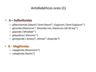 Antidiabéticos orais (1)

–
–
–
–
–

glibenclamida (Daonil / Semi-Daonil ; Euglucon / Semi-Euglucon )
glicazida (Diamicron, Glicazida Irex, Diamicron LM 30 mg )
glipizide ( Minidiab )
gliquidona ( Glurenor )
glimepiride ( Amaryl, Glimial, Diapiride)

• B - Meglitinidas
– repaglinida (Novonorm)
– nateglinida (Starlix)

 