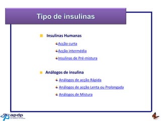 Insulinas Humanas
Acção curta
Acção intermédia
Insulinas de Pré-mistura

Ajudar alguém é bom
Mas ensiná-lo
A ajudar-se a si próprio
É melhor
George Orwell

Análogos de insulina
Análogos de acção Rápida

Análogos de acção Lenta ou Prolongada
Análogos de Mistura

 